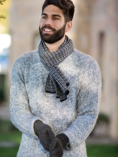 mens grey alpaca jumper and charcoal gloves