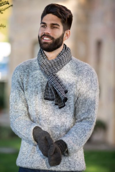 mens grey alpaca jumper and charcoal gloves