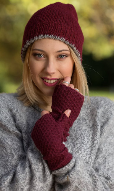 Burgundy wristies and beanie